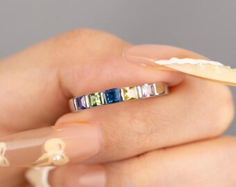 Square Cut Birthstone Band Ring | 925 Sterling Silver, Gold Finish, Personalized Jewelry