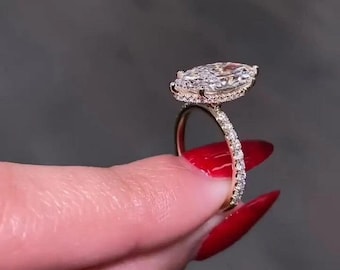 Marquise Moissanite Engagement Ring, Vintage Halo Pave Band, Sterling Silver Bridal Ring