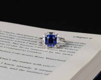 Blue Asscher Cut Moissanite Engagement Ring | Sterling Silver Halo Vintage Style Promise Ring
