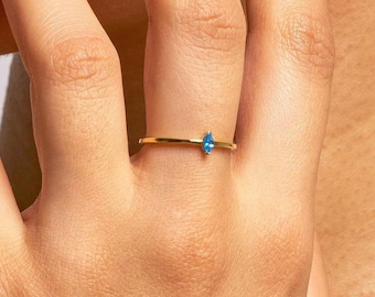 Marquise Blue Sapphire Moissanite Ring, Dainty Solitaire, Sterling Silver Minimalist Band