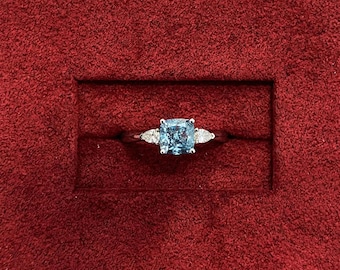 Cushion Cut Vivid Blue Moissanite Engagement Ring | Sterling Silver, Pear Side Stones
