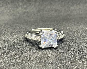 Princess Cut Cubic Zirconia Engagement Ring, Pave Band, Silver Tone Bridal Jewelry