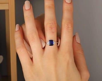 Emerald Cut Blue Moissanite Engagement Ring, Sapphire Blue Three-Stone Sterling Silver 10K 14K