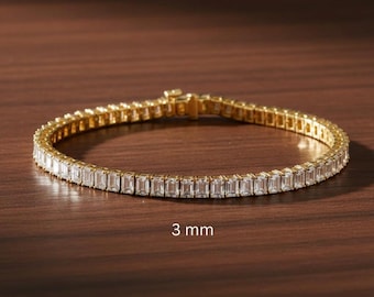 Emerald Cut Moissanite Tennis Bracelet, Sterling Silver Gold Options