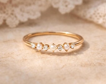 Dainty Pearl Moissanite Ring, Minimalist Wedding Band, 925 Sterling Silver Stackable