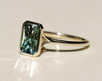 Green Radiant Cut Moissanite Ring | Bezel Set Sterling Silver, Gold Finish Engagement Ring