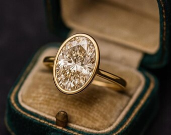 Oval Moissanite Diamond Ring, Bezel Set Sterling Silver, Gold or Silver Finish, Minimalist Promise