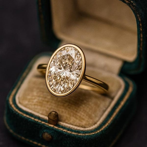 Oval Moissanite Diamond Ring, Bezel Set Sterling Silver, Gold or Silver Finish, Minimalist Promise