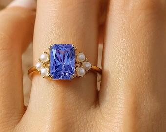 Radiant Cut Sapphire Blue Moissanite Ring, White Pearls, 925 Sterling Silver, Vintage Style