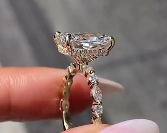 Radiant Lab Grown Diamond Engagement Ring | Alternating Marquise & Round Side Stones