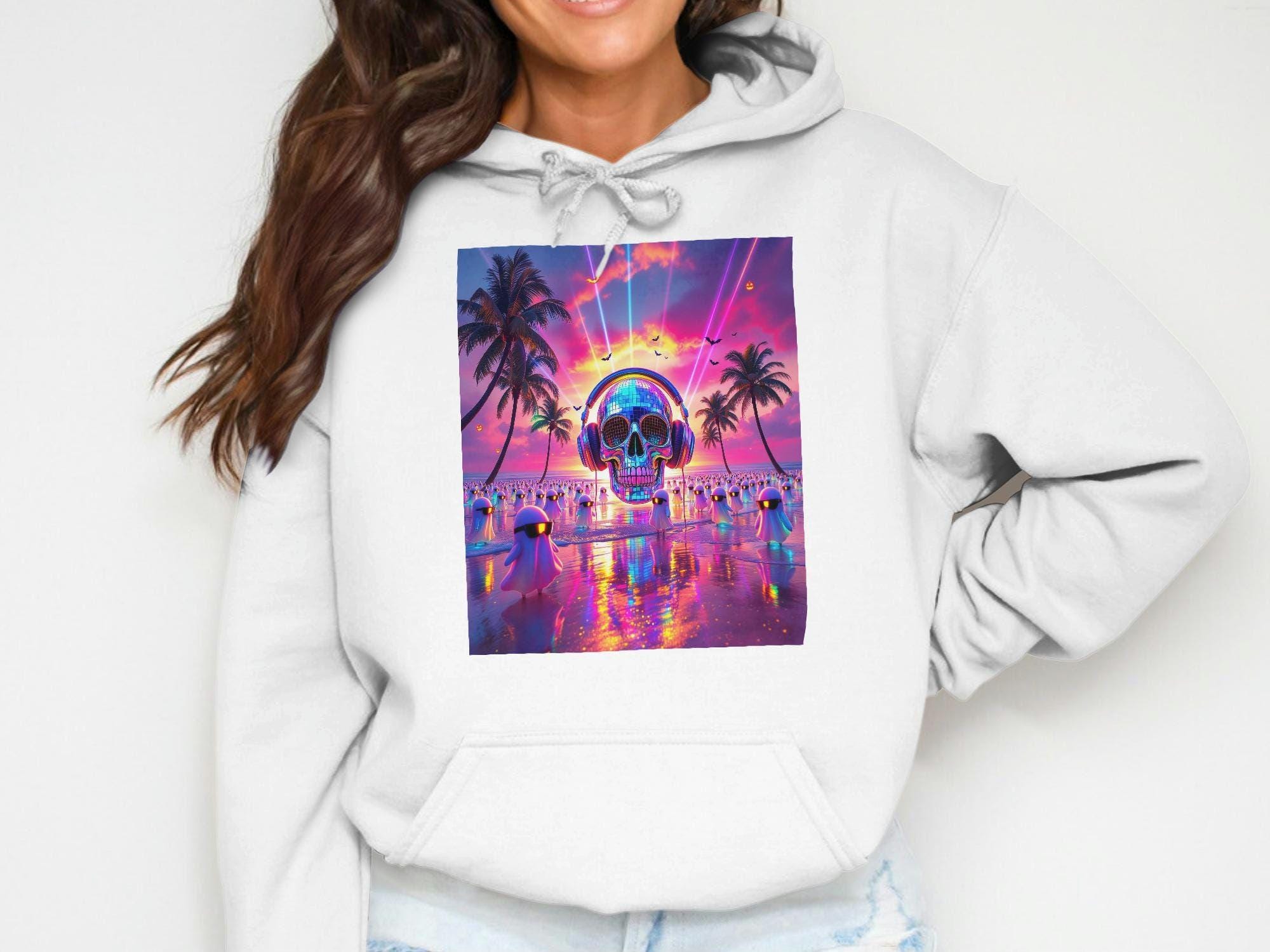 Iridescent Summerween Ghost Rave PNG | Neon Beach Halloween Skull Shirt ...