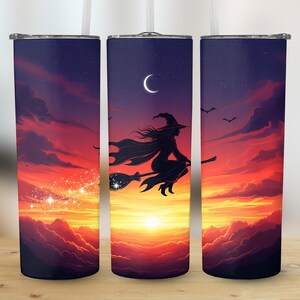 May include: Three tall, cylindrical tumblers with a Halloween theme. Each tumbler features a vibrant sunset scene with a witch silhouetted on a broomstick, a crescent moon, and bats. The design is printed on the tumblers.