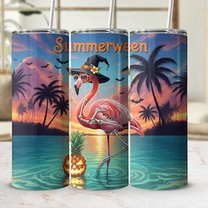 Summerween Flamingo Skeleton 20 oz Tumbler Wrap Tropical Halloween Flamingo PNG Skeleton Flamingo  Pineapple Jack o’ Lantern Spooky Summer