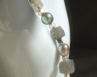 Labradorite, Pearls, and Sterling Silver in this beautiful bracelet