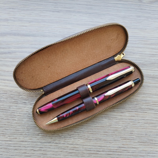 1960's LUX Extra Gold Red Marble Writing Set - Gold 14Kt-585 Flex F Nib - Leather case - Made in Germany -  Stunning Rare - Wonderful gift