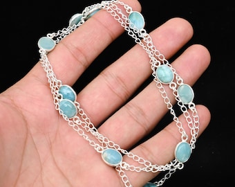 Larimar Chain Necklace 925 Sterling Silver Chain, Handmade Gemstone Pendant