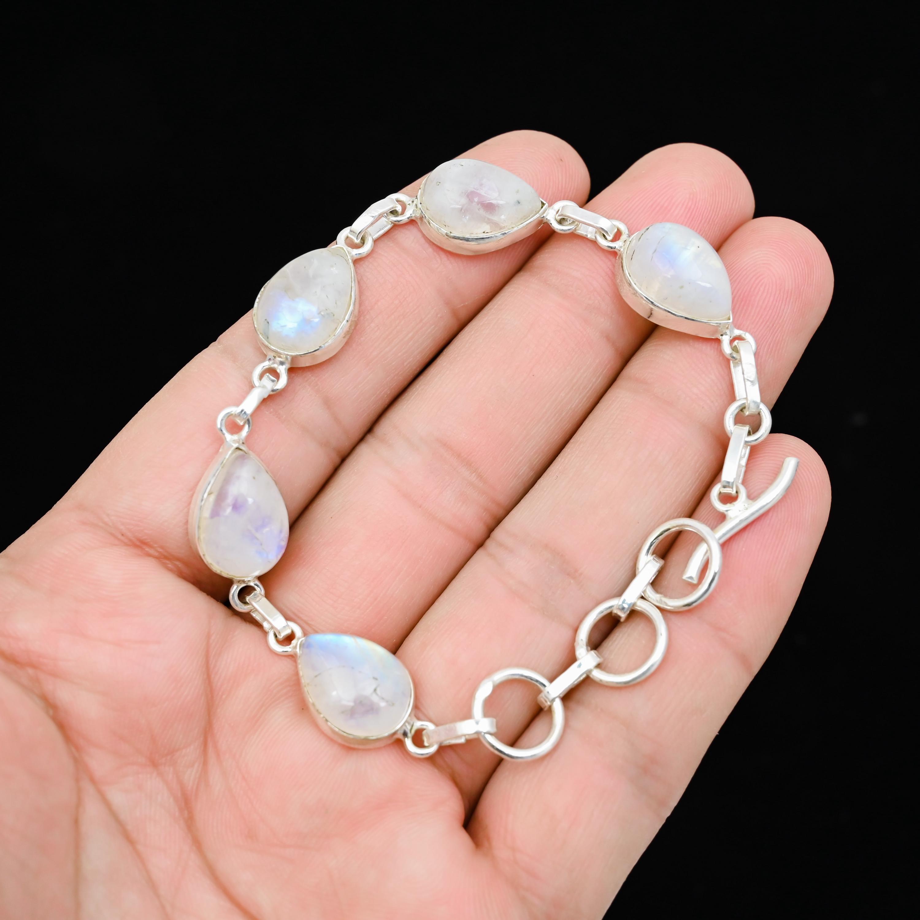 Pulsera de piedra lunar arcoíris, plata de ley 925, pulsera de piedra lunar  blanca, joyería de piedra lunar, pulsera hecha a mano, pulsera de plata  para ella - Etsy México, image size:3000x3000