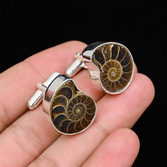 Ammonite Fossil Cufflinks, Solid Silver Cufflinks, Silver Ammonite Cuff links, AAA Quality Ammonite Fossil Silver Cufflinks, Gift for Her