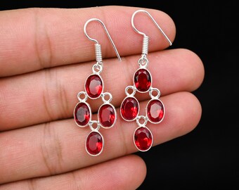 Pendientes colgantes de plata de ley con granate rojo, joyería hecha a mano