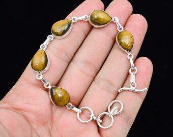 Tiger's Eye Silver Bracelet, Natural Tiger's Eye Handmade Bracelet, Tiger's Eye Gemstone Bracelet, 925 Sterling Silver Bracelet Gift For Mom