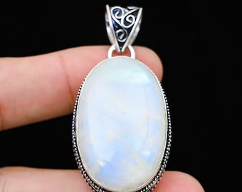 Moonstone Pendant, Moonstone 925 Solid Silver Pendant, Blue Flash Moonstone Pendant, Handmade Pendant, Statement Moonstone Pendant For Mom