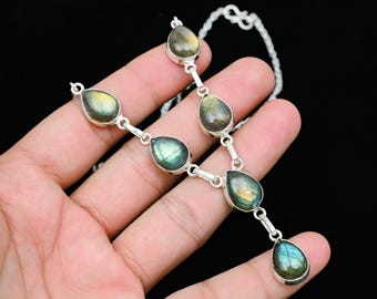 Collana con pietra preziosa di labradorite, collana in argento sterling massiccio 925, gioielli in labradorite, regalo per lei, regalo per la mamma, collana da sposa