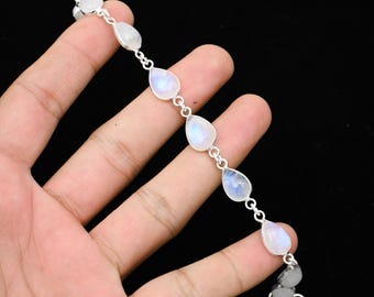 Rainbow Moonstone Bracelet, Pear Gemstone, 925 Sterling Silver