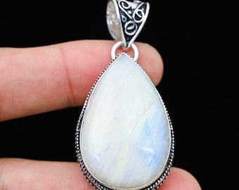 Moonstone Pendant, Moonstone 925 Solid Silver Pendant, Blue Flash Moonstone Pendant, Handmade Pendant, Statement Moonstone Pendant For Her