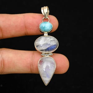 925 Solid Sterling Silver Natural Larimar, Moonstone Pendant/Crystal Pendant/Daily Wear Pendant For Necklace/Unisex Pendant Gift For Wedding