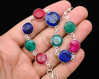 Handmade 925 Sterling Silver Bracelet, Sapphire Ruby Emerald Gemstone