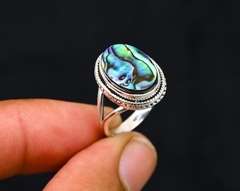 Pierścionek z muszli abalone, pierścionek ze srebra próby 925, srebrny pierścionek z kamieniem szlachetnym w kształcie gruszki, wyrazista biżuteria dla kobiet, ręcznie robiony prezent urodzinowy