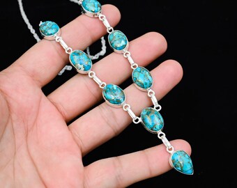Blue Copper Turquoise Gemstone Necklace, 925 Solid Sterling Silver Jewelry Necklace, Turquoise Wedding Jewelry, Gift For Her, Gift For Mom