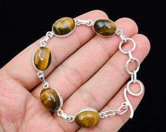Tiger's Eye Silver Bracelet, Natural Tiger's Eye Handmade Bracelet, Tiger's Eye Gemstone Bracelet, 925 Sterling Silver Bracelet Gift For Her