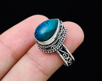Chrysocolla Silver Ring, Natural Chrysocolla Gemstone Silver Ring, Solid 925 Silver Ring For Women And Men, Pear Chrysocolla Ring For Her