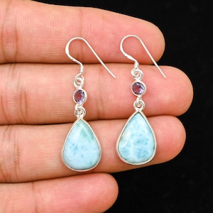 Genuine Larimar Earrings, 925 Solid Sterling Silver, Pear Larimar Gemstone Boho Earring, Amazing Amethyst Earring Jewelry, Gift For Wedding