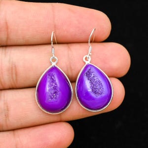 Purple Onyx Druzy Earring, 925 Solid Silver Earrings, Dangle Earrings, Handmade Earrings, Pear Gemstone Earrings, Drop Earrings For Her
