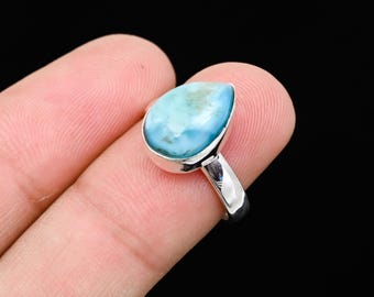 Pear Larimar Ring, Solid Sterling Silver, Handmade Gemstone