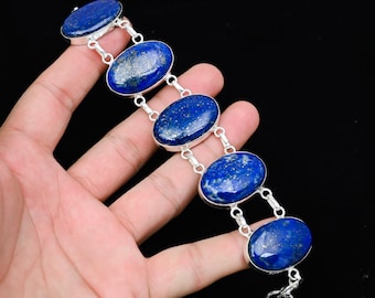 Pulseira de lápis-lazúli, pulseira de prata esterlina 925, pulseira feita à mão, joias de prata, pulseira de casamento com pedra preciosa de lápis-lazúli, presentes para ela