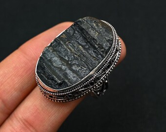 Rough Black Tourmaline Ring, Tourmaline Ring, Raw Ring, Solid Silver Ring, Raw Black Tourmaline Unique Ring For Her, Gift For Birthday