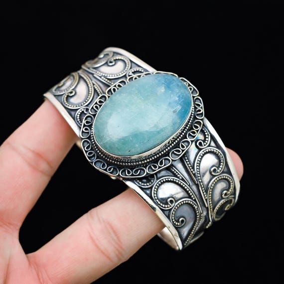 Natural Aquamarine Cuff, 925 Sterling Silver Bangle, Aquamarine Gemstone Bracelet Handmade Aquamarine Silver Jewelry Bangle Bracelet For Her