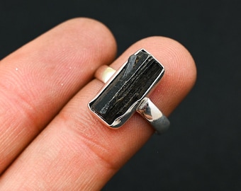 Rough Black Tourmaline Ring, Tourmaline Ring, Raw Ring, Solid Silver Ring, Raw Black Tourmaline Unique Ring, For Her, Mother Gift Her