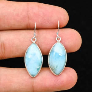 Genuine Natural Larimar Earrings, 925 Solid Sterling Silver, Marquise Larimar Gemstone Boho Earrings, Larimar Jewelry, Gift For Wife-Lover