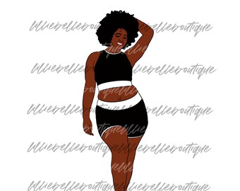 Könnte beinhalten: Eine Frau mit Afro-Frisur trägt ein schwarzes und weißes Sportoutfit. Sie lächelt und schaut zur Seite.