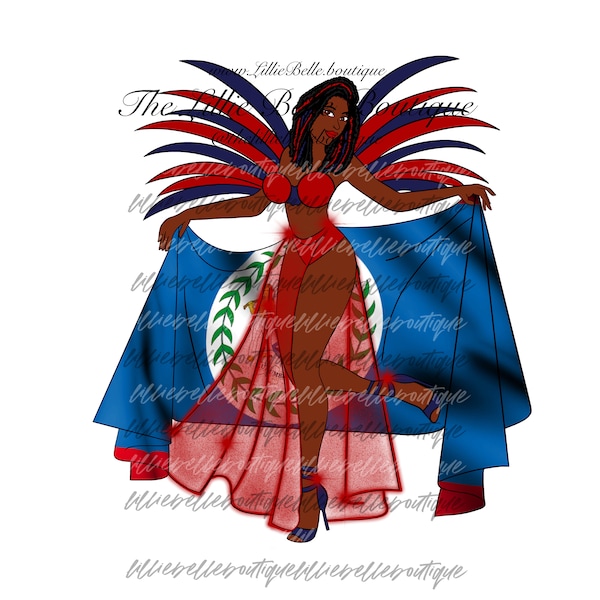 Belize Flag Caribbean Carnival African American Woman PNG Sublimation Print Then Cut Cricut Silhouette