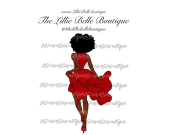 Könnte beinhalten: Eine Schwarzweißillustration einer Frau in einem roten Kleid, die vom Betrachter weggeht. Der Text "The Lillie Belle Boutique" und "@thelilliebelleboutique" ist oben im Bild sichtbar.