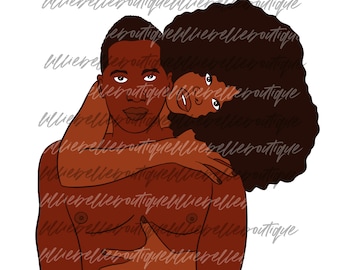 Könnte beinhalten: Eine digitale Illustration eines sich umarmenden Paares. Die Frau hat langes, lockiges schwarzes Haar und trägt ein rotes Kleid. Der Mann ist oben ohne und hat kurze schwarze Haare. Das Paar ist in einer warmen, liebevollen Umarmung dargestellt.