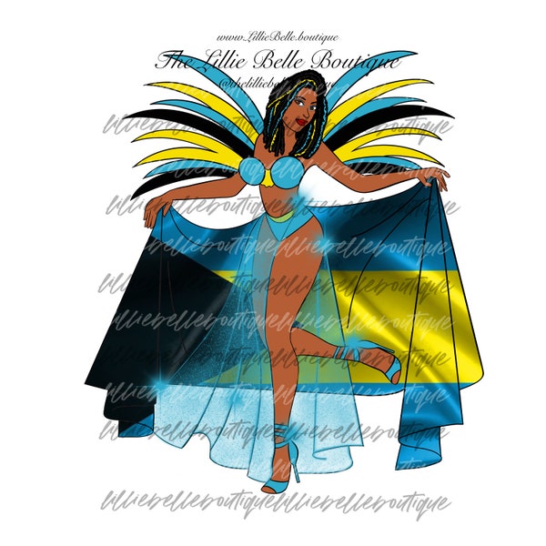 Bahamas Flag Caribbean Carnival African American Woman PNG Sublimation Print Then Cut Cricut Silhouette