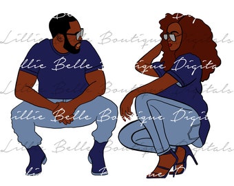 Könnte beinhalten: Eine digitale Illustration eines Paares, das zusammen sitzt. Der Mann trägt ein marineblaues Hemd und eine blaue Jeans. Die Frau trägt ein marineblaues Hemd, eine blaue Jeans und hohe Absätze. Beide haben dunkle Haut und schauen sich an.