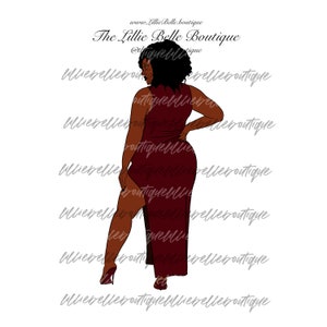 May include: A digital illustration of a woman with dark skin wearing a long, burgundy dress with a high slit. She is standing with her back to the viewer, her left hand on her hip, and her right hand holding the hem of her dress. The background is white with the text "www.LillieBelle.boutique" and "The Lillie Belle Boutique" in black.