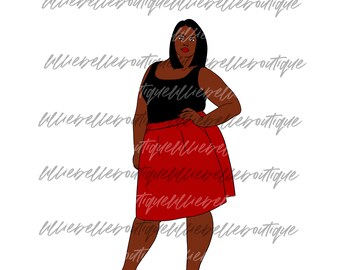 Könnte beinhalten: Eine Frau mit dunkler Haut und kurzen schwarzen Haaren trägt ein schwarzes Tanktop und einen roten Rock. Sie steht mit der Hand auf der Hüfte und trägt schwarze High Heels.